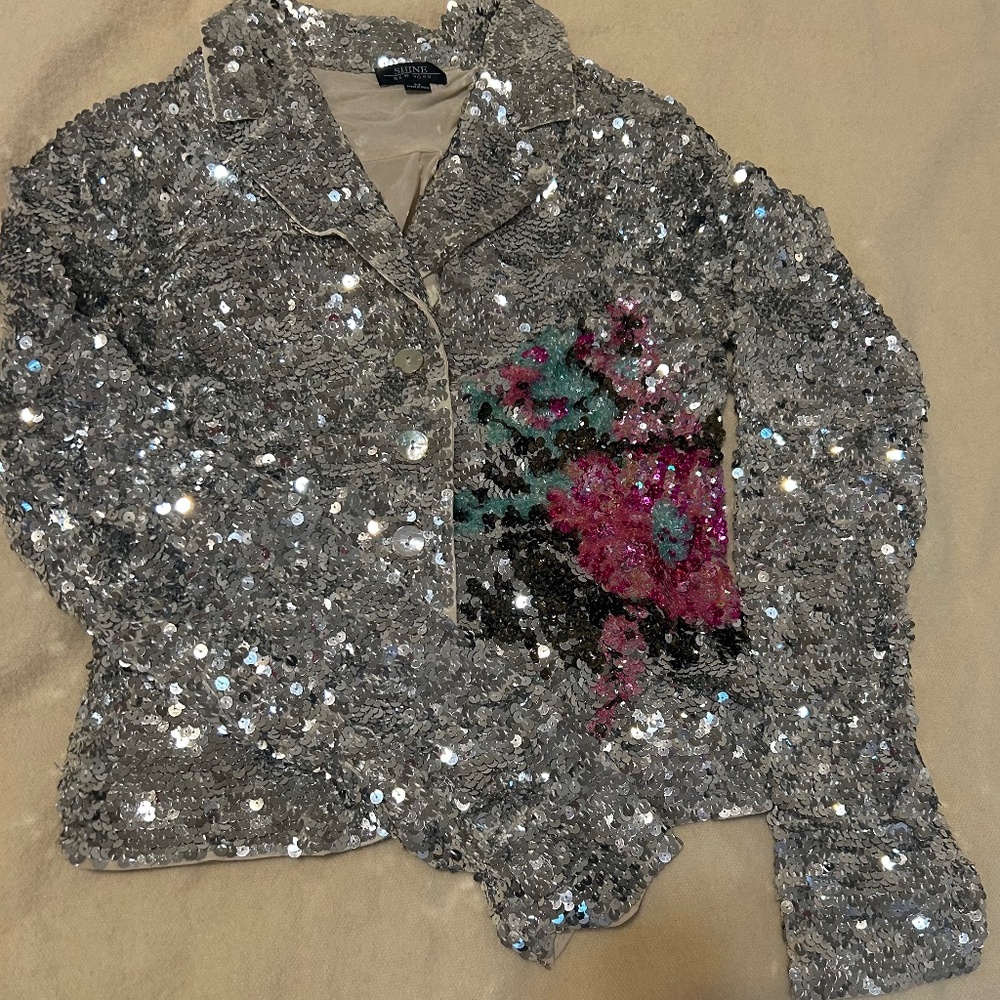 Silver Sequin Jacket, by Shine. Fits a small.  Large Pink + black flower.